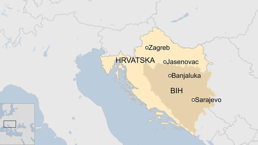 Spomen području Jasenovac je na teritoriji današnje Hrvatske, blizu granice sa Bosnom i Hercegovinom