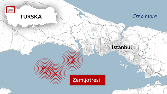 Grafika sa lokacijama zemljotresa oko Istanbula