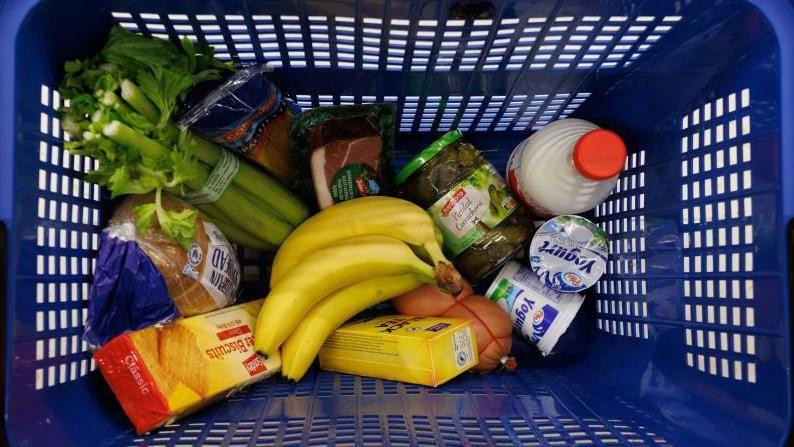Food products including bananas, milk, yoghurt, biscuits, bread and meat, in a blue shopping basket, photographed from above 
