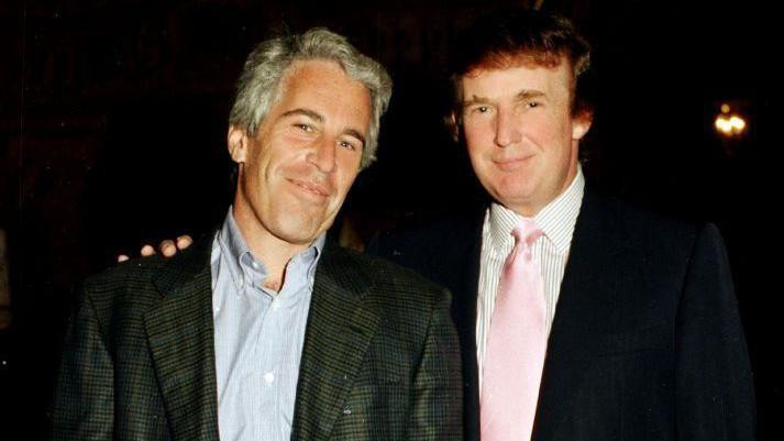
                    Portrait of American financier Jeffrey Epstein (left) and real estate developer Donald Trump as they pose together at the Mar-a-Lago estate, Palm Beach, Florida, 1997
   